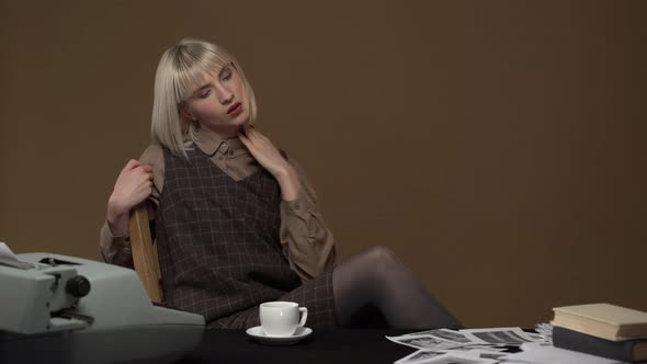 Portrait of Intelligent Tense Woman 20s Resting in Oldfashioned Office While Thinking About Work or