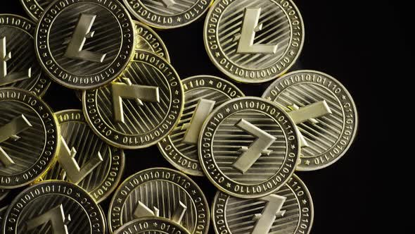 Rotating shot of Bitcoins (digital cryptocurrency) - LITECOIN