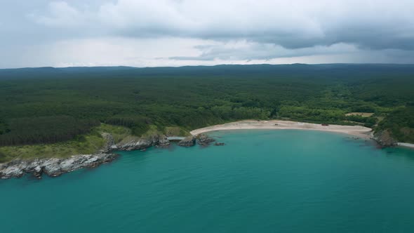 Drone flight above a picturesque rocky coastline