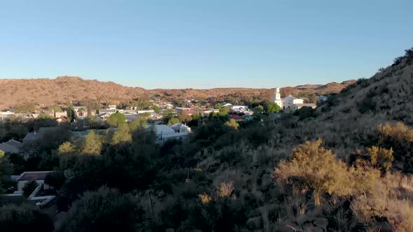 aerial reveal shot of a town colesberg in south africa