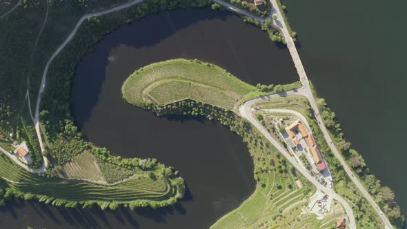 Quinta do Tedo drone view of s shape bend river in Douro wine region, in Portugal