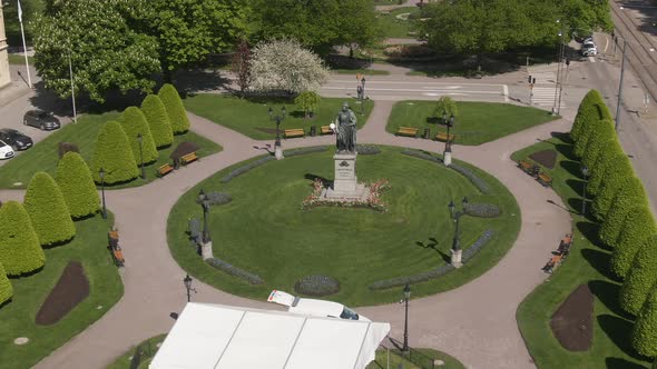 Close up view of Carl Johans park with statue of king Karl Johan XIV, Norrkoping
