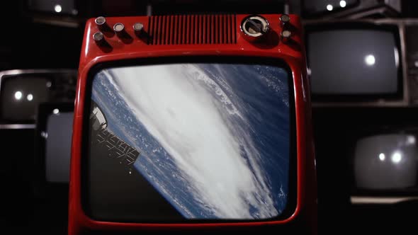 Hurricane seen from Space on a Retro Television.