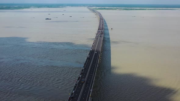 Aerial view of Padma bridge, over the Padma river by day, Dhaka, Bangladesh.