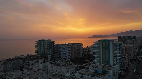 Drone View Alanya City Sunset