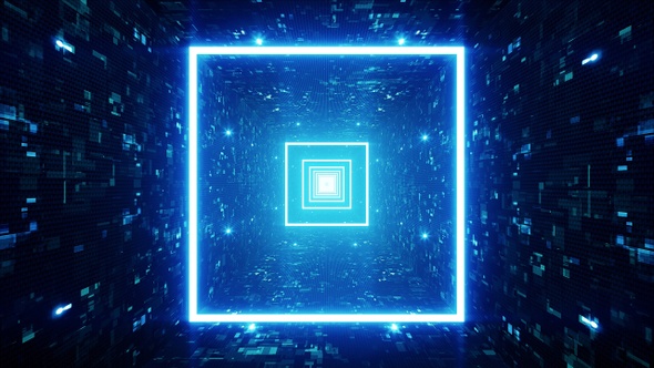 Glowing Blue Square Light in the Cyber Tunnel