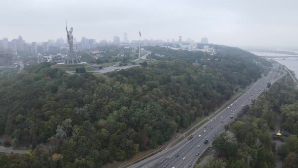 Symbol of Kyiv, Ukraine: Motherland Monument. Aerial View, Slow Motion. Kiev