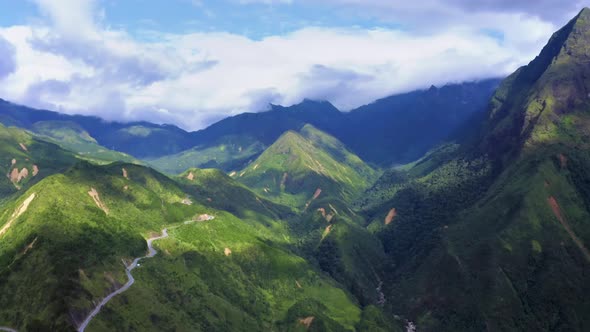 Aerial top view of Fansipan mountains with paddy rice terraces in Sapa, Vietnam.