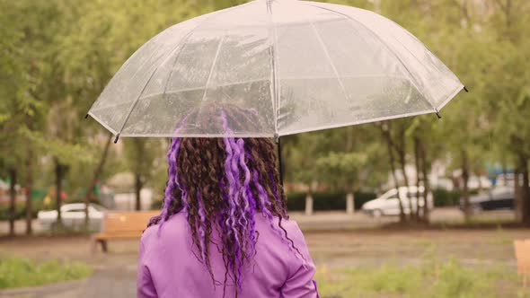 Rear View of Young Woman with Transparent Umbrella Standing on Street in Rainy Weather