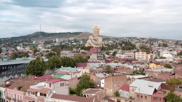 Aerial Drone Shot Zoom in of Holy Trinity Church in Georgia, Tbilisi