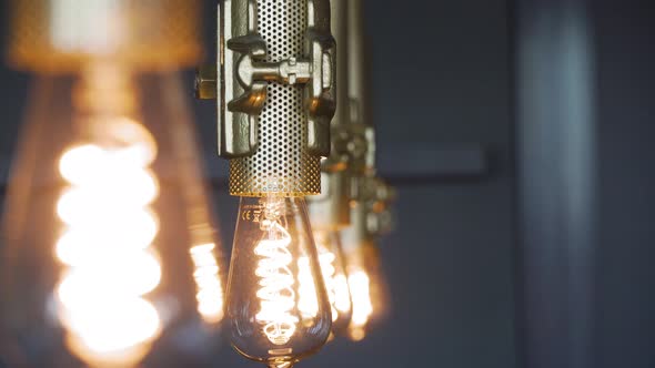 Lamps row modern, light bulbs in a metal frame, minimalist, stylish, industrial