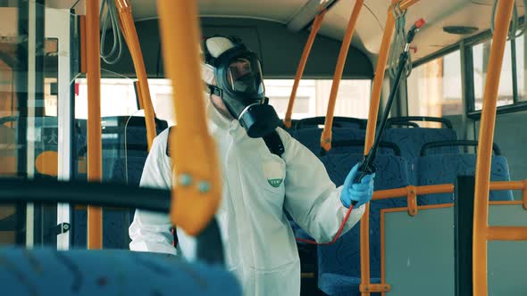 Coronavirus Prevention, Sanitary Disinfection Process, Chemical Treatment of a Bus 