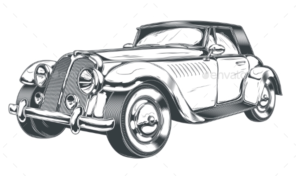 Vector Black and White Illustration of Retro Car