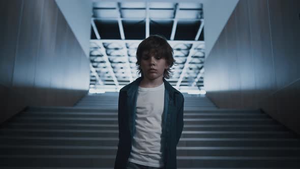 Teen Schoolboy Walking School Corridor Alone