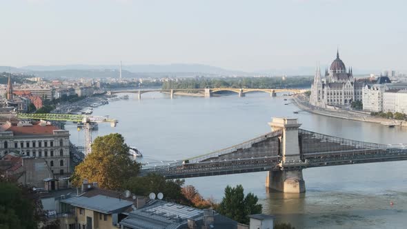 Panoramic View Chain Bridge and Parliament Building in Budapest By Danube River