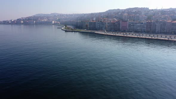 Aerial View From the Sea to the Modern District of European Town