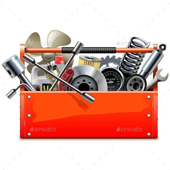 Vector Red Toolbox with Car Parts