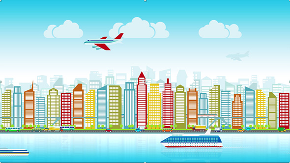 City Skyline with Traffic of Various Vehicles Car Airplane Train Ship