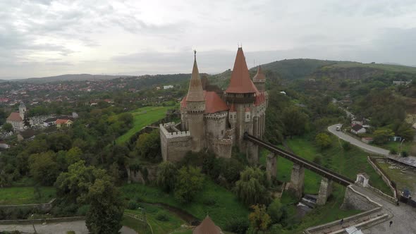 Aerial view of Corvin Castle and its surroundings