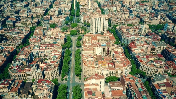 Drone Flying Above Famous Barcelona Blocks Pattern Spain