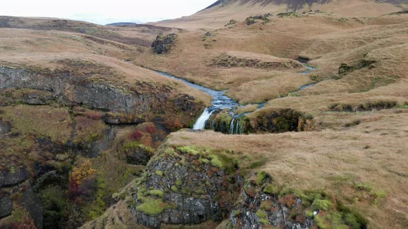 Drone Of Waterfall In Dramatic Landscape