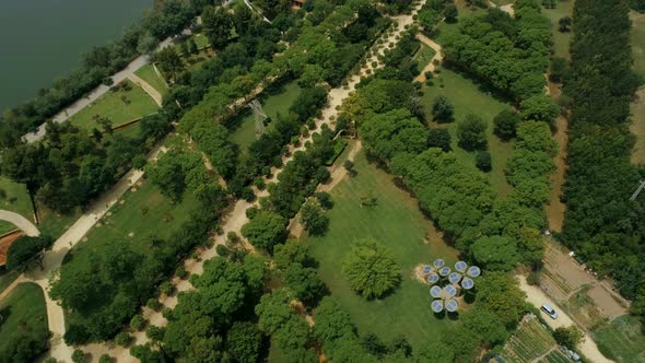 Aerial View of Seville Central Park and The Egg of Columbus