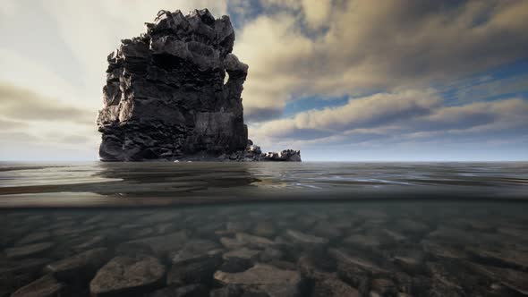 Ocean Seascape with Sky and Ocean Wave Splitted By Waterline to Underwater Part