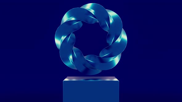 Abstract Blue Twisted Ring Levitating Above the Pedestal