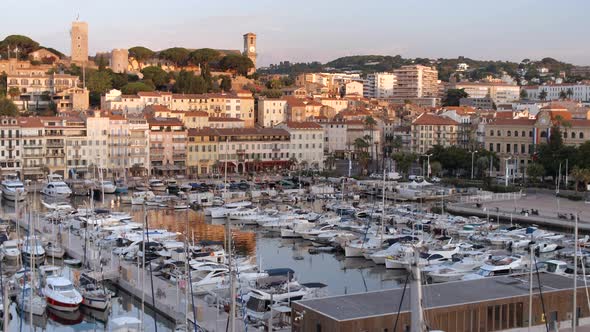 Sunrise in the Port of Cannes With Yachts and Ships Moored in the Marina