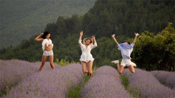 Girls Jump in Lavender Garden