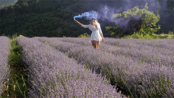 Girl with Colored Smoke in Lavender Garden