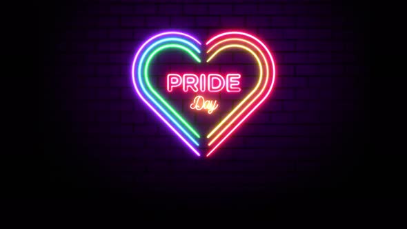 Pride Day Rainbow Heart LGBT Neon Sign Over Wall Background