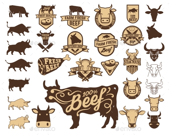 Set of the Fresh Beef Logo. Cow Icons.