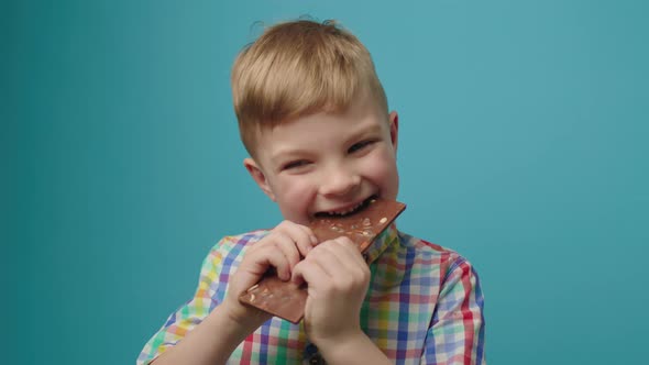 Preschool Boy Eating Chocolate Bar Holding in Hands Looking at Camera Standing on Blue Background