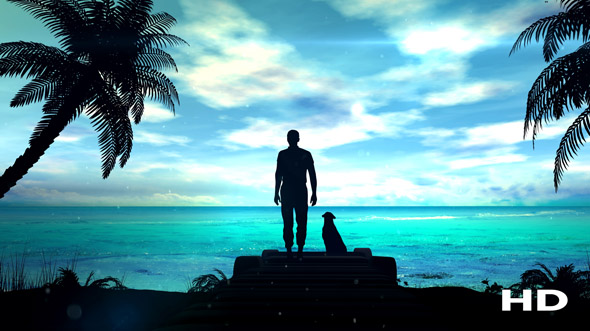 A Lonely Man With Dog Is Looking At The Green Ocean alt