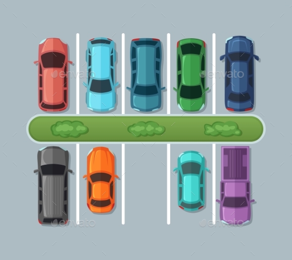 Top View Parking Cars on Asphalt in Urban Map