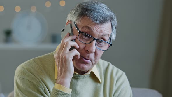 Portrait Grey Haired Senior Man in Glasses Talk on Phone Smiling Elderly Grandpa Chatting Cheerfully