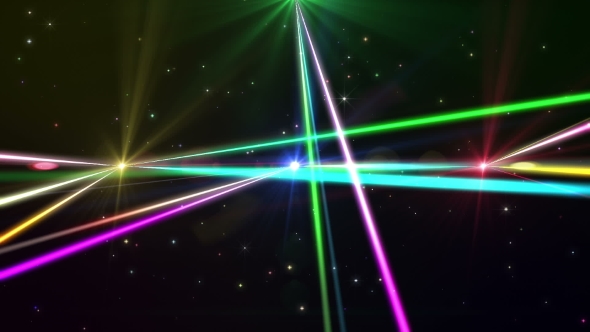 Laser Show From Multi-colored Rays of Light in Dark in Disco alt