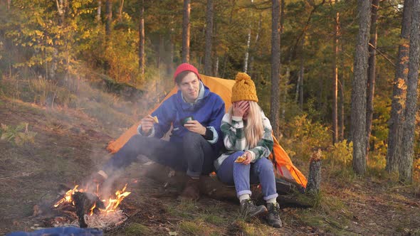 Camping Tent Camp in Nature Happy Caucasian Friends in Autumn at Nature Forest Hike