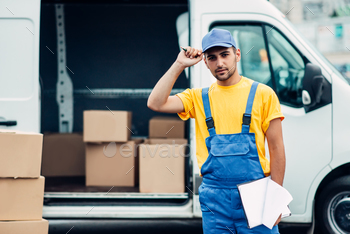 hands, truck with parcels on background. Distribution business. Cargo delivery. Empty, clear container