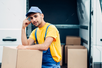 hands, truck with parcels on background. Distribution business. Cargo delivery. Empty, clear container