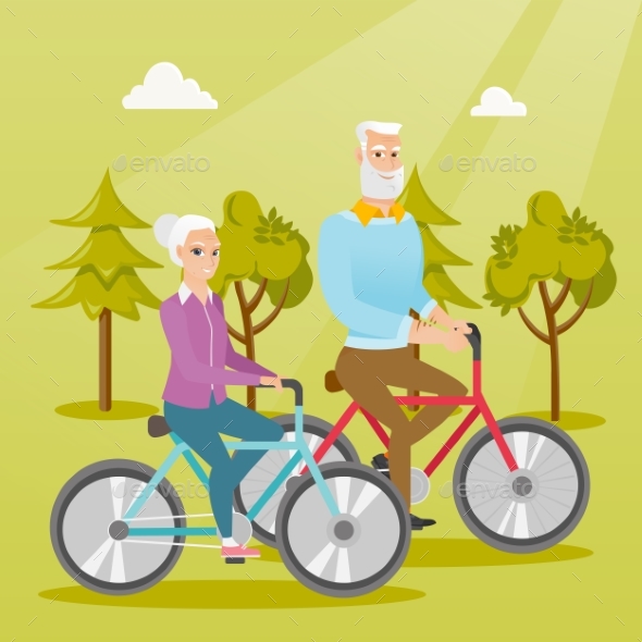 Happy Senior Couple Riding on Bicycles in Park.