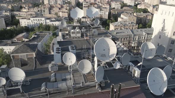 Kyiv, Ukraine: TV Antennas on the Roof of the Building. Aerial. Flat, Gray