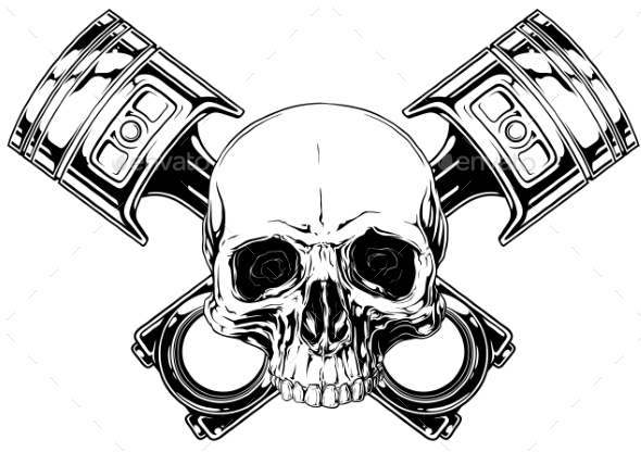 Graphic Human Skull with Crossed Car Piston Vector