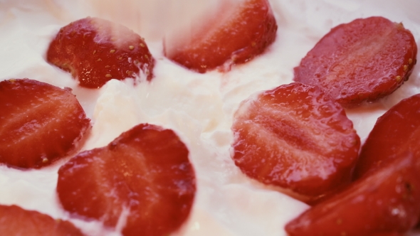 Eating Strawberries with Cream or Yogurt By Spoon,