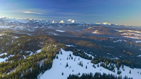 Sunrise in Tatra mountains in Poland at winter, aerial view