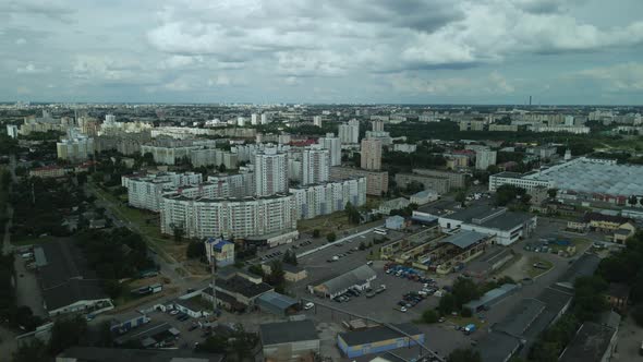 City block. The railway line and motorway pass nearby. Aerial photography.