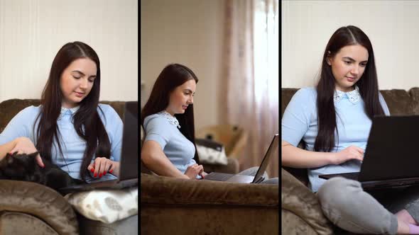 Collage Woman Working on Laptop Computer at Home