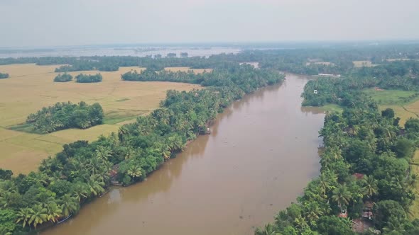 Kerala backwaters scenery of rivers and farmland, India. Aerial drone view