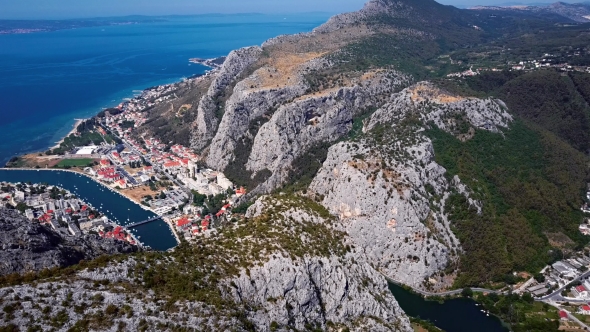 Flying Over Omis Town, Dalmatian Coast, Croatia